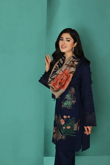 Nishat Blue Dhanak Embroidered three piece With Printed Wool Shawl